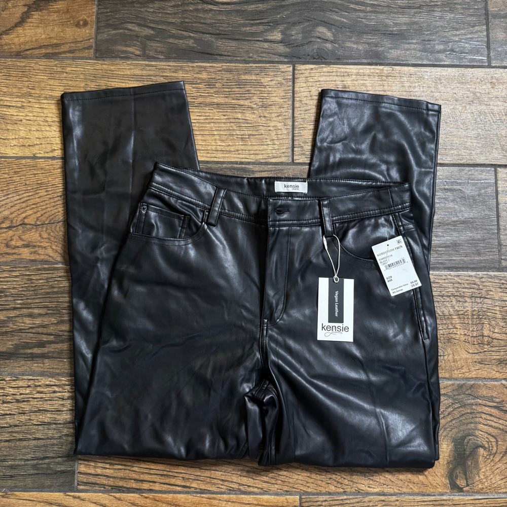 Kensie Jeans Women Black Vegan Leather Straight Leg Pants ENM02351X Size 6/28
